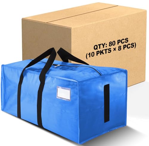 Image of 80 Pack Large Strong Moving Bags with Zippers & Carrying Handles - Water-Resistant - Heavy Duty Storage Tote for Space Saving, Fold Flat, Alternative to Moving Box (Sky Blue)