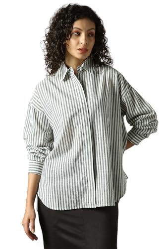 Image of HIGH Star Oversized Striped Cotton Shirt for Women | Stylish Tops for Women | Comfortable and Trendy Casual Shirt
