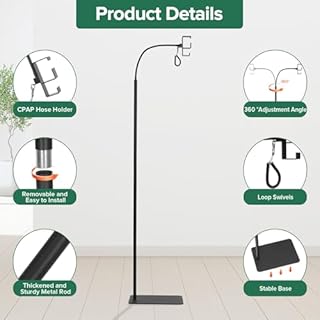 EonRivet CPAP Hose Holder for Bedside -All-Metal Stand with Aluminum Hook |NoWall Drilling | Fits ResMed/Philips/AirSense Tubing | Helps Keep Hose Clean &Tangle-Free