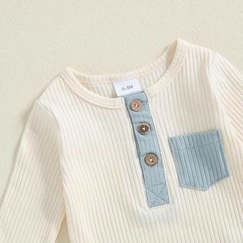 fhutpw Baby Boy Clothes 3 6 12 18 Months Ribbed Knitted Long Sleeve Romper and Pants Sets Newborn Fall Splicing Color Outfits (White&Blue, 6-12 Months) β image 4
