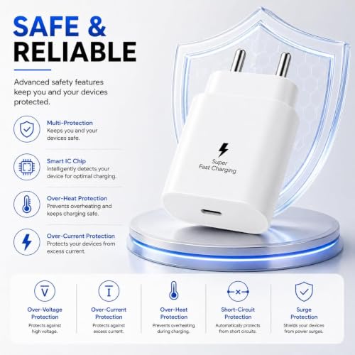 Image of Zybux 25W Type C to C Charger Adapter Compatible with Samsung Galaxy M47 /M17 /M17e /A17 /A57 /A27 /M57, M07 /F07 /F70e /A07 /F06 /M06 /A06 /S25 /S24 /S3 /Fe /5G, 25 w USBC to USB-C Super-Fast Original Charge, White