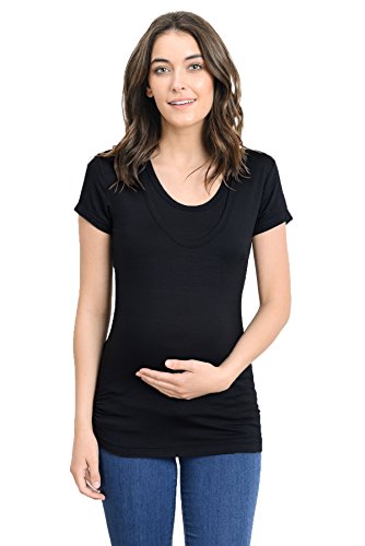 LaClef Women's Doubled Layered Scoop Neck Ruched Maternity Nursing Breastfeeding Top (Large, Black)