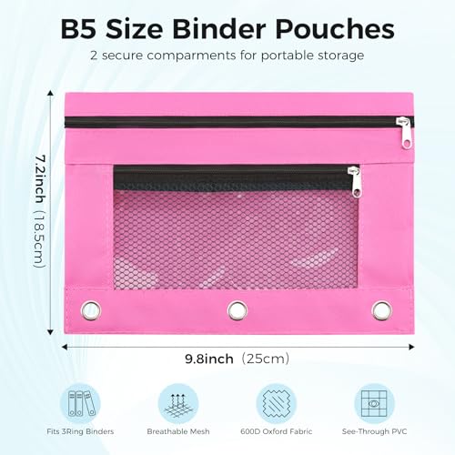 Image of Pencil Pouch for 3 Ring Binder - 3 Hole Zipper Pen Case Bag Holder Bulk Accessories Clear Window Aesthetic Organizer Pockets (Hot Pink)