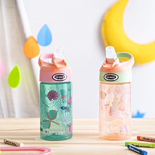 Image of Zak Designs 16oz Riverside Kids Water Bottle with Spout Cover and Built-in Carrying Loop, Made of Durable Plastic, Leak-Proof Water Bottle Design for Travel (Unicorn & Shells, Pack of 2)