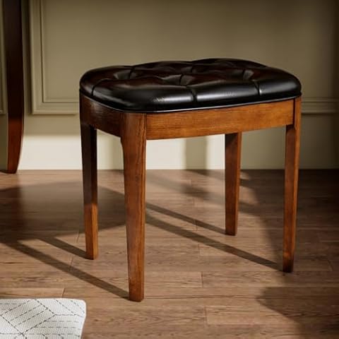 VERDANTREE Vantity Bench Stool with Upholstered, Elegant Modern Bed Stool, Makeup Dressing Bench,Versatile for Dining, Living Room, 19.3”X 14.9”×19.3”, Easy Assembly Beeswax Leg &Black Seat FD-HNY-BK Cover