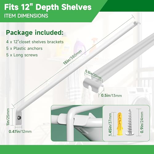 12 Inch Wire Shelving Support Bracket, 4 Pack Metal Closet Support Bracket with Anchors and Pins Strong Support Wire Shelf Brackets for Kitchen, Pantries, Garages, Laundary, Shop and More(4 Pack) by Yingsi-fty - Image 2