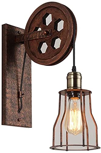 Cordless Wall Sconce ZHhome Pulley Wall Lamp Loft Industrial Wind Retro American Creative Personality Wall Lamp Edison Bulb Café Staircase Wrought Iron Industrial Wind Wall Light Corridor (Color:B) (