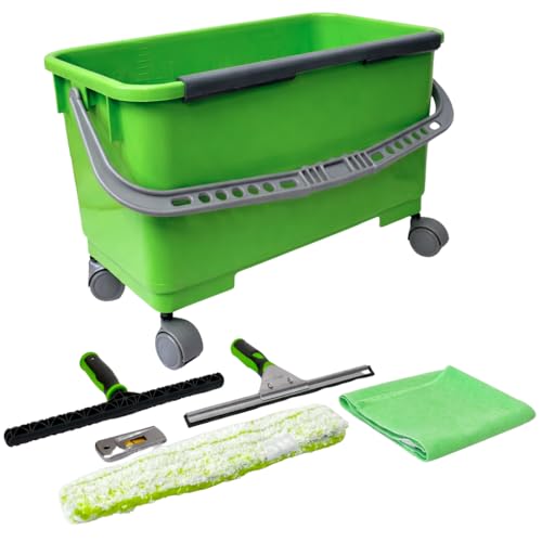 IPC PULEX Kit de nettoyage de vitres professionnel complet : essuie-glace en acier inoxydable, seau 20 l avec roues, essorage, chiffon microfibre 35 cm,...