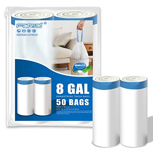 Forid Kitchen Drawstring Trash Bags - 8 Gallon Medium Garbage Bags White Unscented Trash Can Liners 50 Count Plastic Wastebasket Bags For Home Bedroom Bathroom Office 30 Liter #TOP11