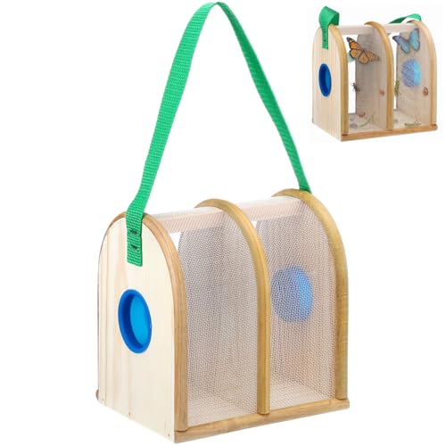 Yinkin Wooden Bug Cage Dual Chamber Critter Box Butterfly Cage with Nylon Carrying Strap Wooden Bug Box Critter Insect Viewer Catcher Habitat Summer Camping Vacation Outdoor Stem Educational Activity