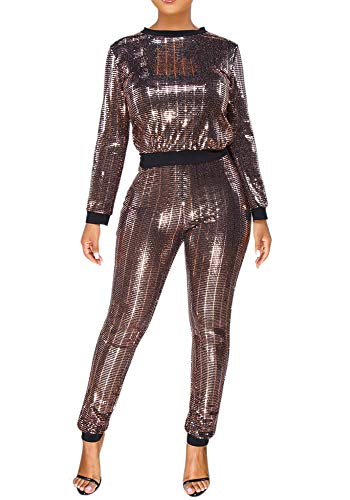 Womens Sexy 2 Piece Outfit Top and Skinny Legging Jogging Set Slim Fit Tracksuit Party Brown M
