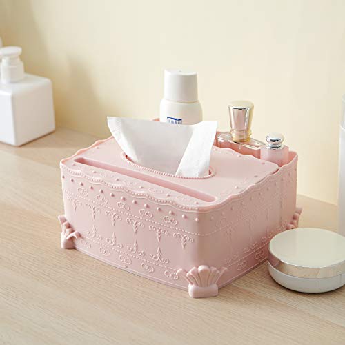 STARSLIFE Desk Organizer Storage Box Container with Tissue Box Cover, Phone Stand, Pen Pencil TV Remote Control, Caddy for Makeup Brushes Nightstand Holder for Home and Office Use - Pink