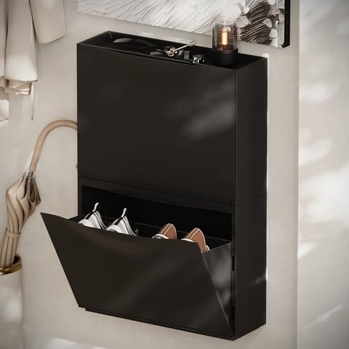 Image of Amazon Basics Stackable Wall Mount Storage Organizer - 2 Tier, Polypropylene Storage for Shoes, Toys, Books, Closet & Entryway, Multi-Purpose (51L x 15.5W x 77H cm), Black