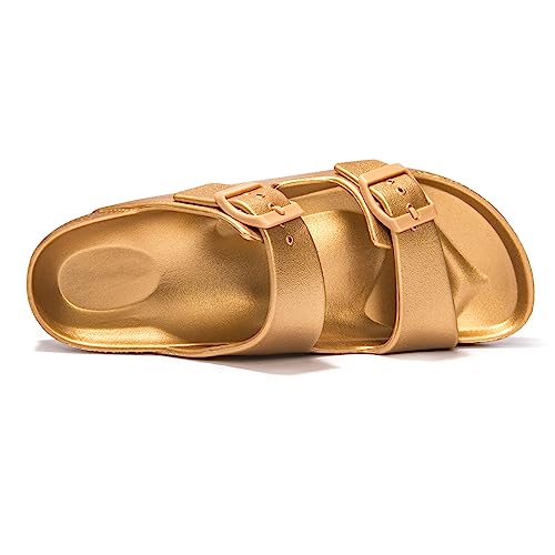 FUNKYMONKEY Women's Plastic Sandals New Upgrade Quality EVA Waterproof Double Buckle Adjustable Slides Shoes (8 M US, New Variation Gold/XPZ)
