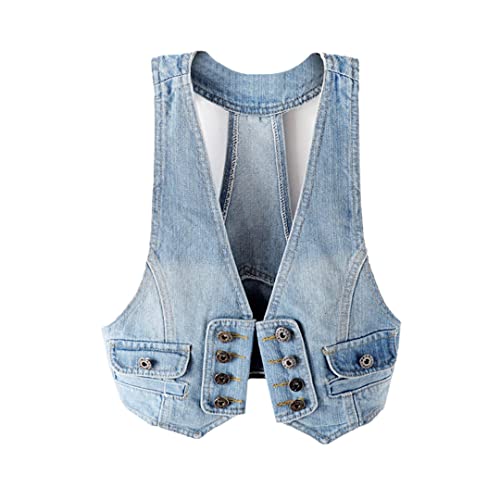 Wvapzxx Spring Short Denim Vest Women's Summer Thin Sleeveless Jacket Vintage Jean Waistcoat
