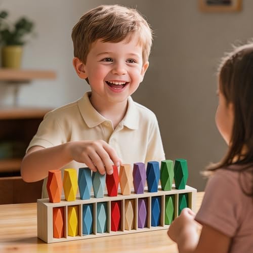 TXTLDB 2-in-1 Wooden Color Matching & Stacking Blocks Game - Montessori Balance Building Toys, 10 Vibrant Colors, Educational Learning Toy for Toddlers 3+ & Family Game Night