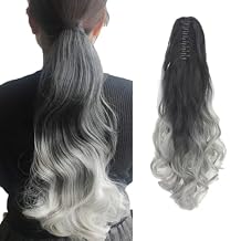 Claw Ponytail Synthetic Hair Extensions Clip on Hairpiece 20" 140g Ombre Color Natural Black to Silver Curly Wavy Clip in Pony Tail with Jaw for Women Girls Lady Party