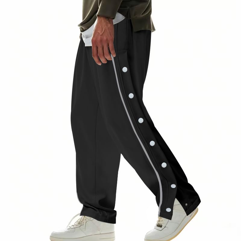 Mens Drawstring Elastic Waist Basketball Pants Casual Fall High Split Snap Button Stripe Sweatpants with Pockets2