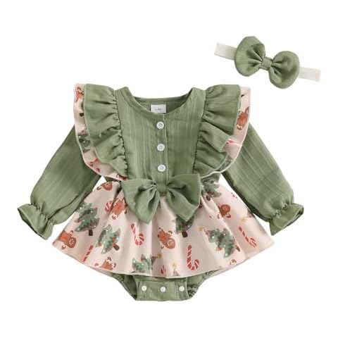 Baby Girls Rompers Dress Bowknot Print Puffy Ruffles Jumpsuits Bodysuits Infant Toddler 2PCS Clothes Set with Headband (Green, 3-6 Months) Cover