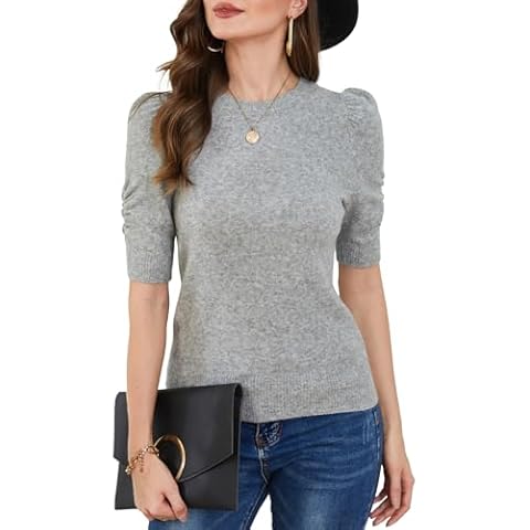 Breezy Lane Short Sleeve Sweater Tops for Women Puff Sleeve Tops for Spring Summer Grey Cover