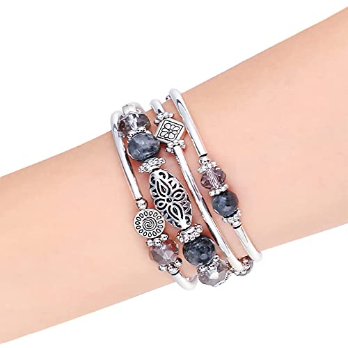 Fulu Autumn Stackable Beaded Bracelets For Women Boho Wrap Silver Bracelet Layered Fashion Jewelry Gifts For Her(Grey) #TOP3
