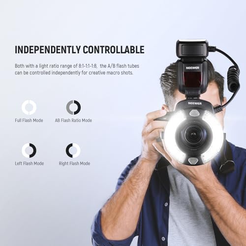 Image of NEEWER RF1-N Marco Ring Flash Light Compatible with Nikon Camera, 76Ws GN15 5600K TTL Lighting 1-1 /128 Output Front /Rear Curtain Sync Color Gels, Lens Adapter Rings for Macro Photography Studio Photo