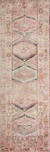 Loloi Layla Collection LAY-17 Pink/Lagoon 2'-0" x 5'-0" .13" Thick Accent Rug, Soft, Durable, Vintage Inspired, Distressed, Low Pile, Non-Shedding, Easy Clean, Printed, Living Room Rug