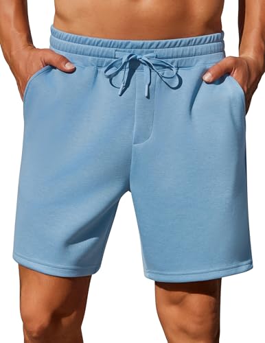PINSPARK Mens Lounge Sweat Shorts, 7 Casual Elastic Waist Gym Workout Shorts with Drawstring Light Blue