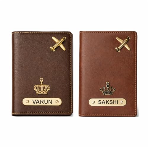 Image of Customized Couple Passport Cover Gift Set 2 Pcs | Personalized Leather Passport Covers with Name & Charm| Anniversary, Valentine, Birthday and Travel Gift (Brown)