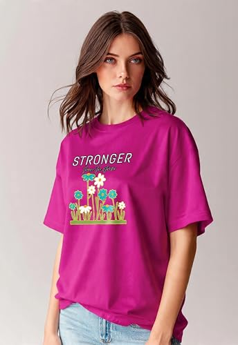 Image of Oversized T-Shirt for Women, 100% Cotton, Pink, Graphic Print 'Stronger Than the Wind', Ovesized Fit