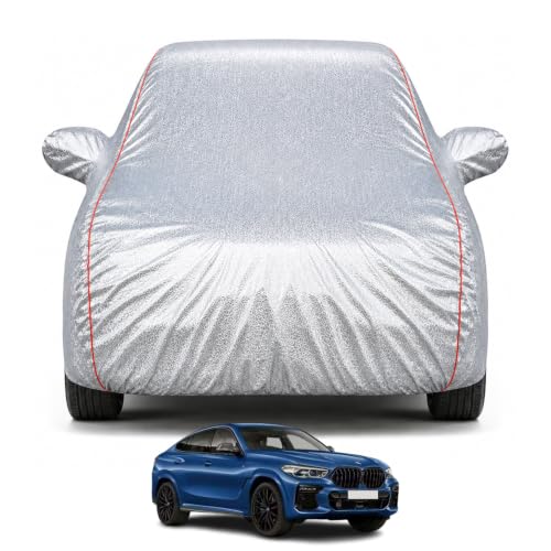 Image of Premium Car Cover for BMW X6 Model | Waterproof, UV & Dust Protection | Mirror & Antenna Pocket | Triple Stitched, Soft Inner Lining, Belt & Buckle (Metalic Silver)