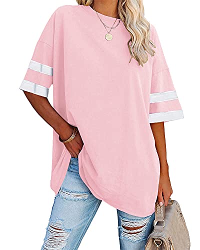 Ebifin T-shirt surdimensionné pour femme, col rond, manches courtes, décontracté, ample, basique, pour l’été, Rose, XXL