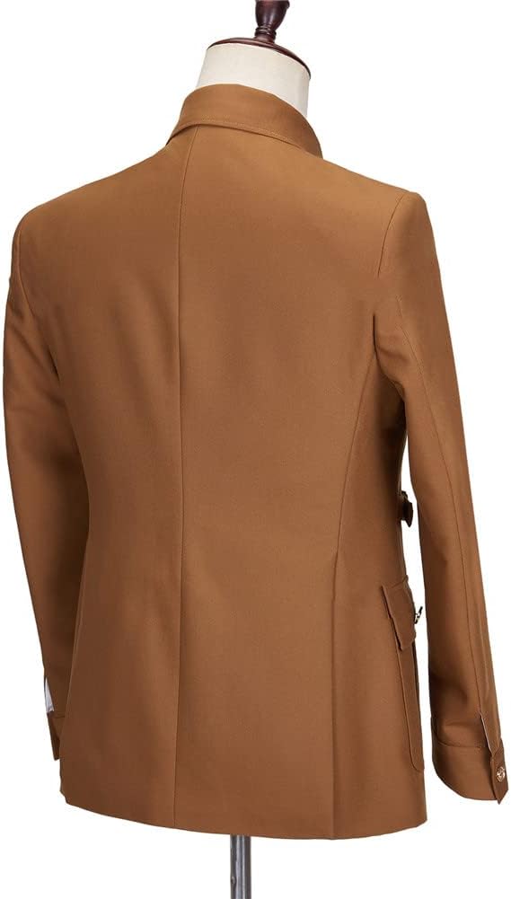 Men Brown Safari Suits Gold Button Square Collar Blazer Jacket Tuxedo Pants 2 Pcs Sets