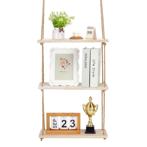 PH PandaHall Estantería de pared de madera, 3 pisos, estilo bohemio, decoración de pared, soporte para plantas, estantería flotante con gancho de cuerda de yute para salón, dormitorio, oficina, hotel