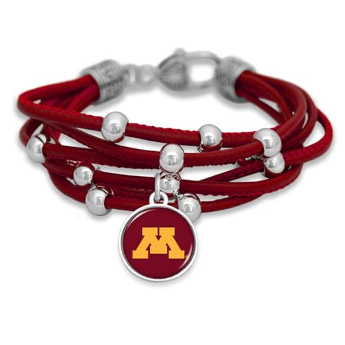 FTH Women’s Bracelet, Leather Cord Bracelet with Silver Beads and Team Logo Charm, Officially Licensed NCAA Women’s Jewelry, 7.5 Inch (Minnesota Golden Gophers)
