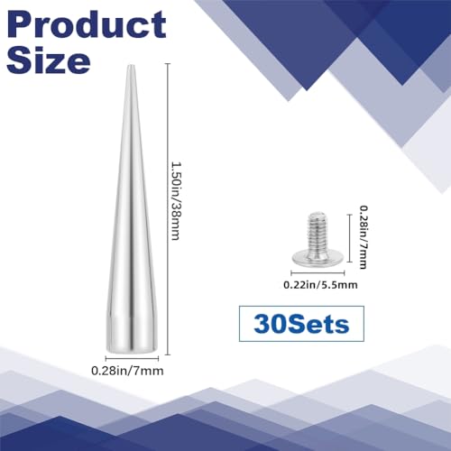GORGECRAFT 1 Box 30Pcs Cone Spikes 7 x 38mm Long Spike Rivets Silver Metal Studs Bullet Tree Screwbacks Punk Leather Rivets for DIY Rock Bags Clothing Leather Craft Jacket Belt Shoes Bracelet - Image 2
