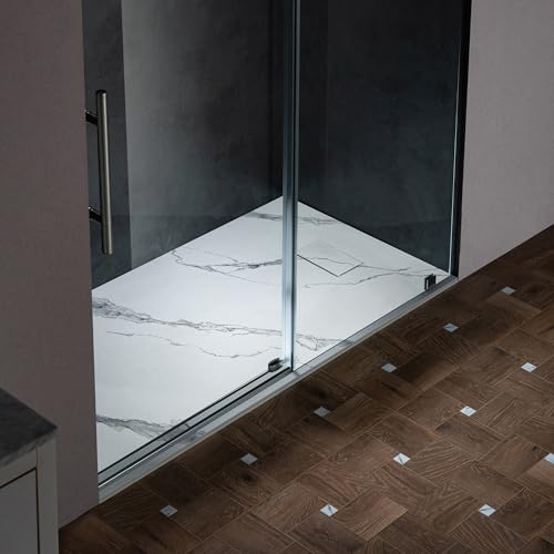 Woodbridge 47.25 in L x 31.5 in W Zero Threshold End Drain Shower Base with Reversible Drain Placement, Matching Decorative Plate and Tile Flange, Wheel Chair Access, Low Profile, Carrara White