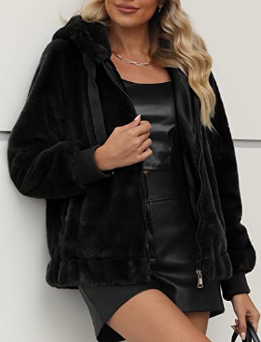 Bellivera Women's Faux Fur Jacket with 2 Side-Seam Pockets Coat with Hood 1712014 Black S - Thumbnail 3