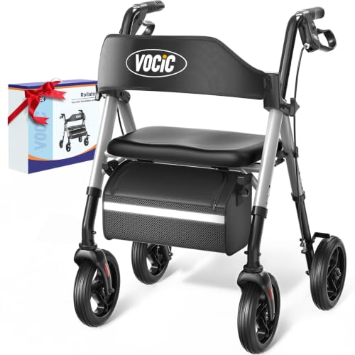 Image of VOCIC Z21 Rollator Walker for Seniors with Seat, 8 inch All Terrain, 350 LBS | Lightweight Foldable & Dual Height Adjustable for Seniors, Ergonomic Arc Seat&6 inch Ultra Backrest Provide Comfort, Silver
