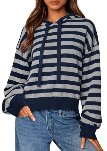 PRETTYGARDEN Hoodies for Women Fall Fashion 2026 Striped Pullover Sweaters Casual Long Sleeve Tops Winter Clothing (Striped Navy Grey,Large)