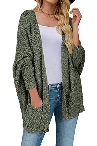 MEROKEETY Women's 2026 Winter Fuzzy Popcorn Batwing Sleeve Cardigan Knit Oversized Sherpa Sweater Coat, Olive, Small