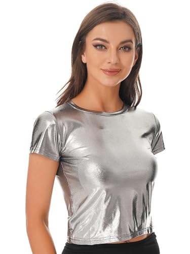 Hedmy Women's Shiny Metallic Tops Holographic Crop Top Short Sleeve T Shirt Vest Disco Party Blouse2