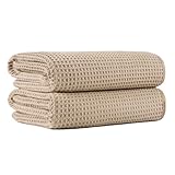 MICROFI New Microfiber Waffle Bath Towels, 2 Pieces, Oversized, Soft, Absorbent, Fast Drying, Lint Free 430 GSM (Beige)