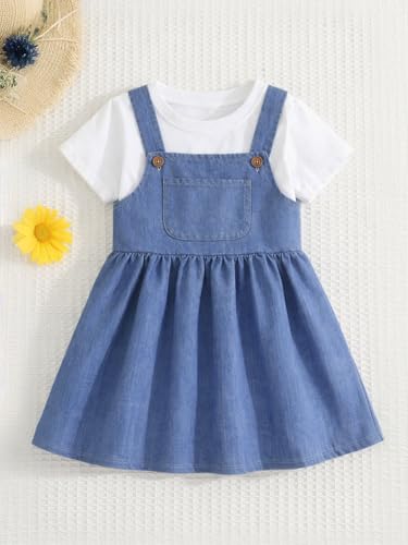HILEELANG Girls Dress Set 2 Piece Denim Pinafore Suspender Dress Outfit with Cotton T Shirt Casual Play Dress 2T-8T