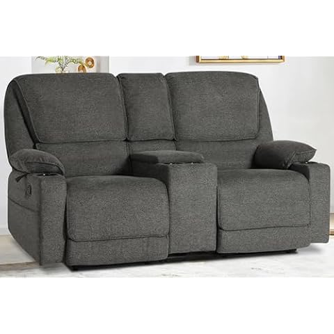 KIGOTY Reclining Sofa with Storage, 2 Seater Manual Recliner Sofa with Cup Holders,RV Loveseat Chair with Console, Manual Reclining Loveseat for Living Room,Dark Grey Cover