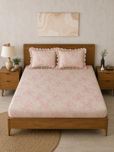 Image of 380 TC Premium Glace Cotton Elastic Fitted Bedsheet King Size with 2 Pillow Covers King Size | Double Bed with All Around Elastic (Petal Pulse, Fitted Queen-60x78)