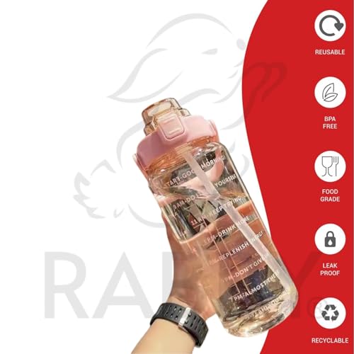 Image of RABBY 2L Motivational Water Bottle for Kids & School Use | Time Marker, BPA-Free, Leakproof Straw Lid, Carry Strap | Plastic Water Bottle for Travel, Sports, Gym, Office (Pink 1Pcs)