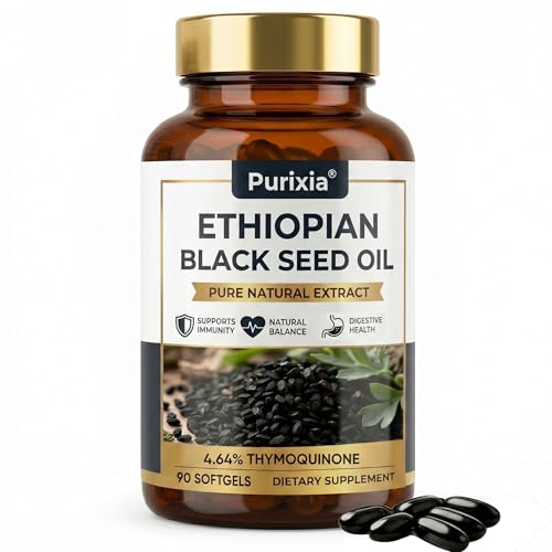 Purixia Ethiopian Black Seed Oil Capsules with 4.64% Thymoquinone Pure Cold Pressed Black Cumin Seed Oil 90 Softgels