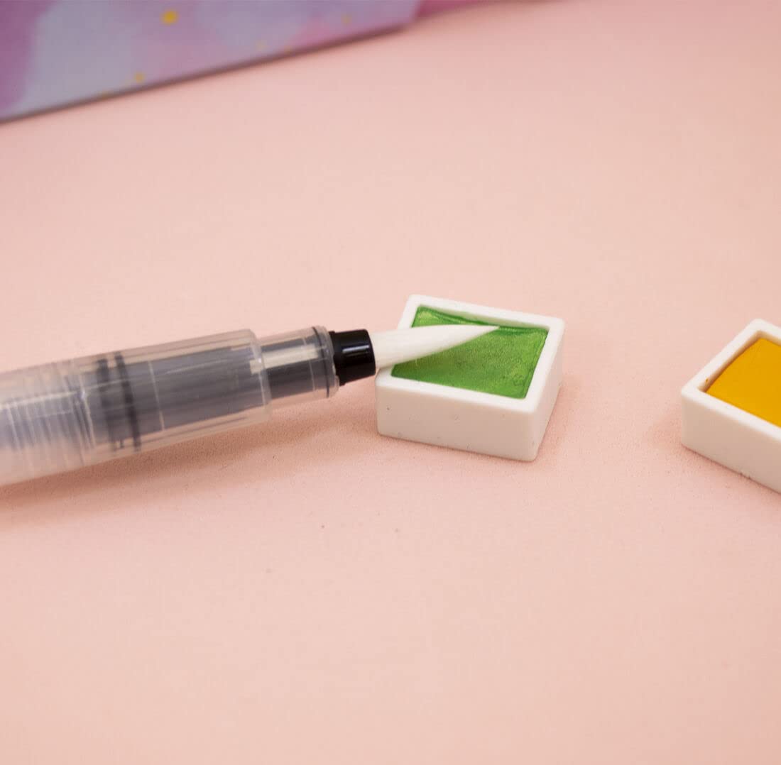 Craftelier - Caja de Pastillas de Acuarelas con Surtido de 24 Colores + Pincel con Depósito de Agua o Waterbrush para Caligrafía, Lettering o Mixed Media y otras Manualidades | Alta Pigmentación