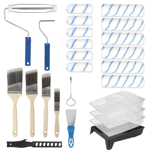 Kit Peinture 25 Pieces avec rouleau peinture xxl 23 cm et petit rouleau peinture 10 cm, mini rouleau peinture, Bac et Pinceaux, Set de rouleau peinture pour...